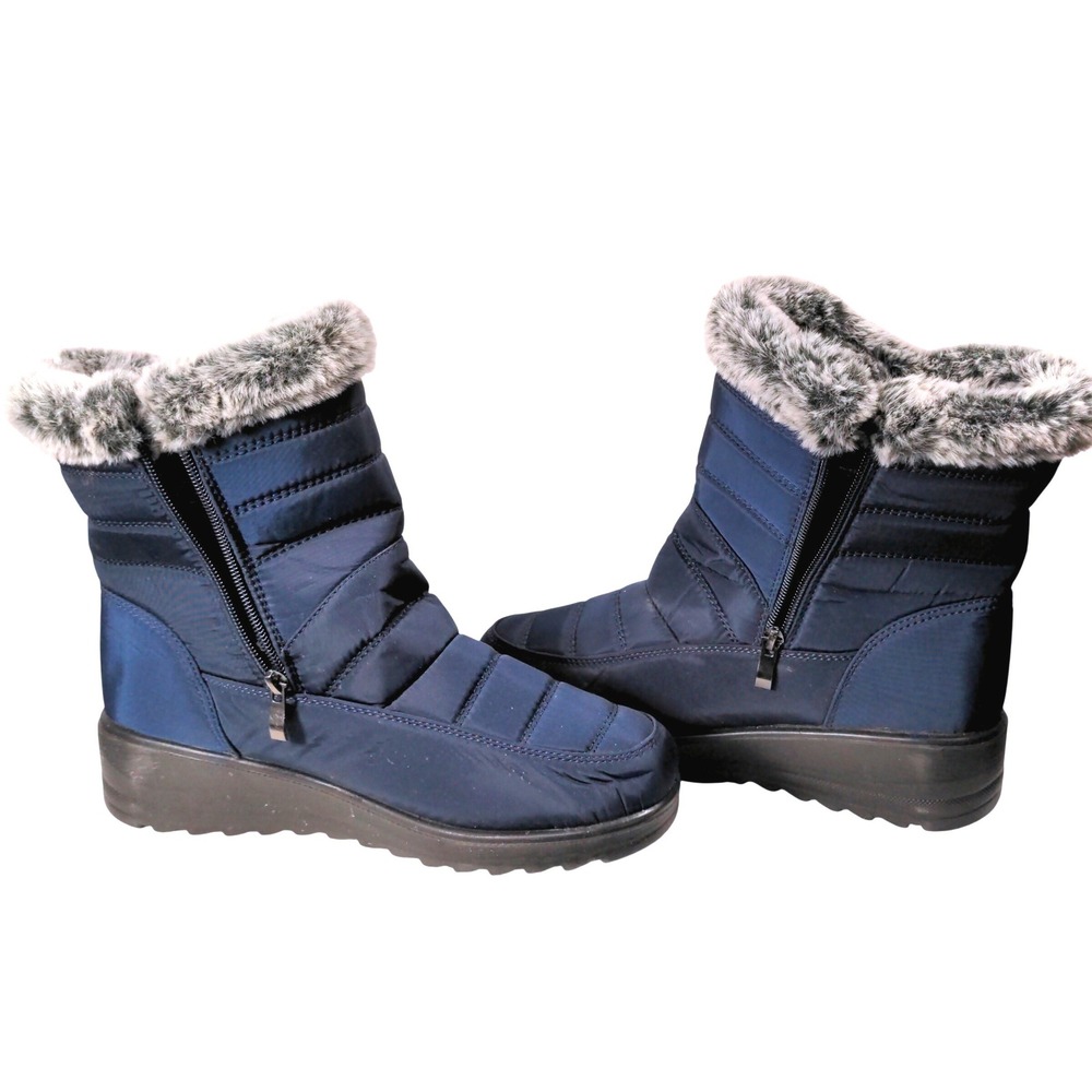Go Womens Navy Blue Quilted Faux Fur Trim Winter Snow Boots Side Zip Size 41